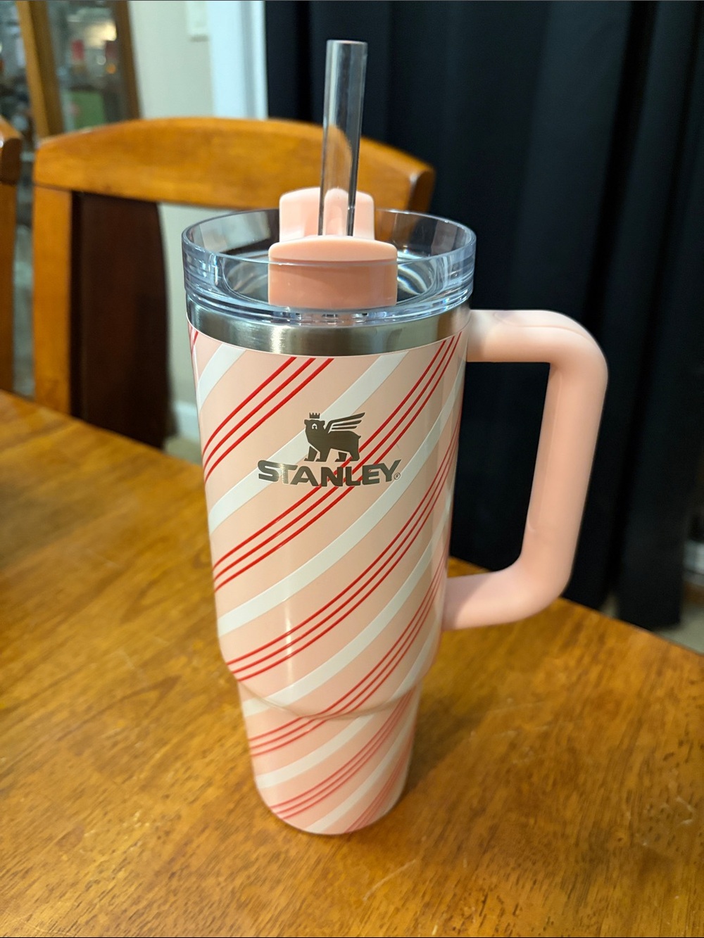 Stanley Pink and White Striped Travel Tumbler with Handle and Straw